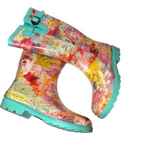 Bops Womens Size 7 Turquoise & Pink Lagnaippe Rubber Rain Boots